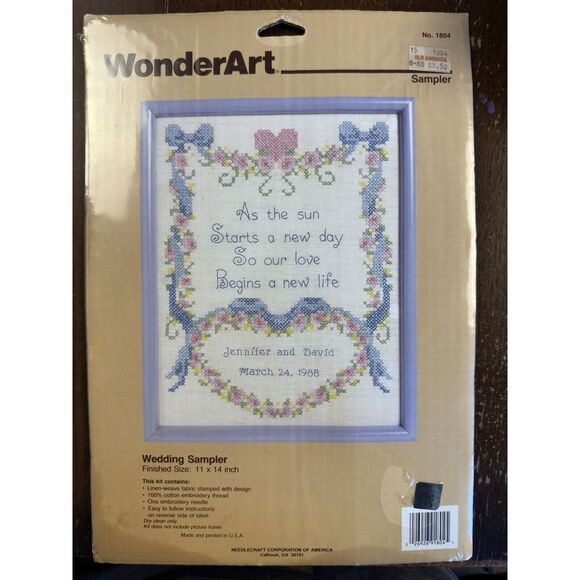 Vintage Linen Stamped Cross Stitch Embroidery Wedding Sampler By Wonder Art - Picture 1 of 2